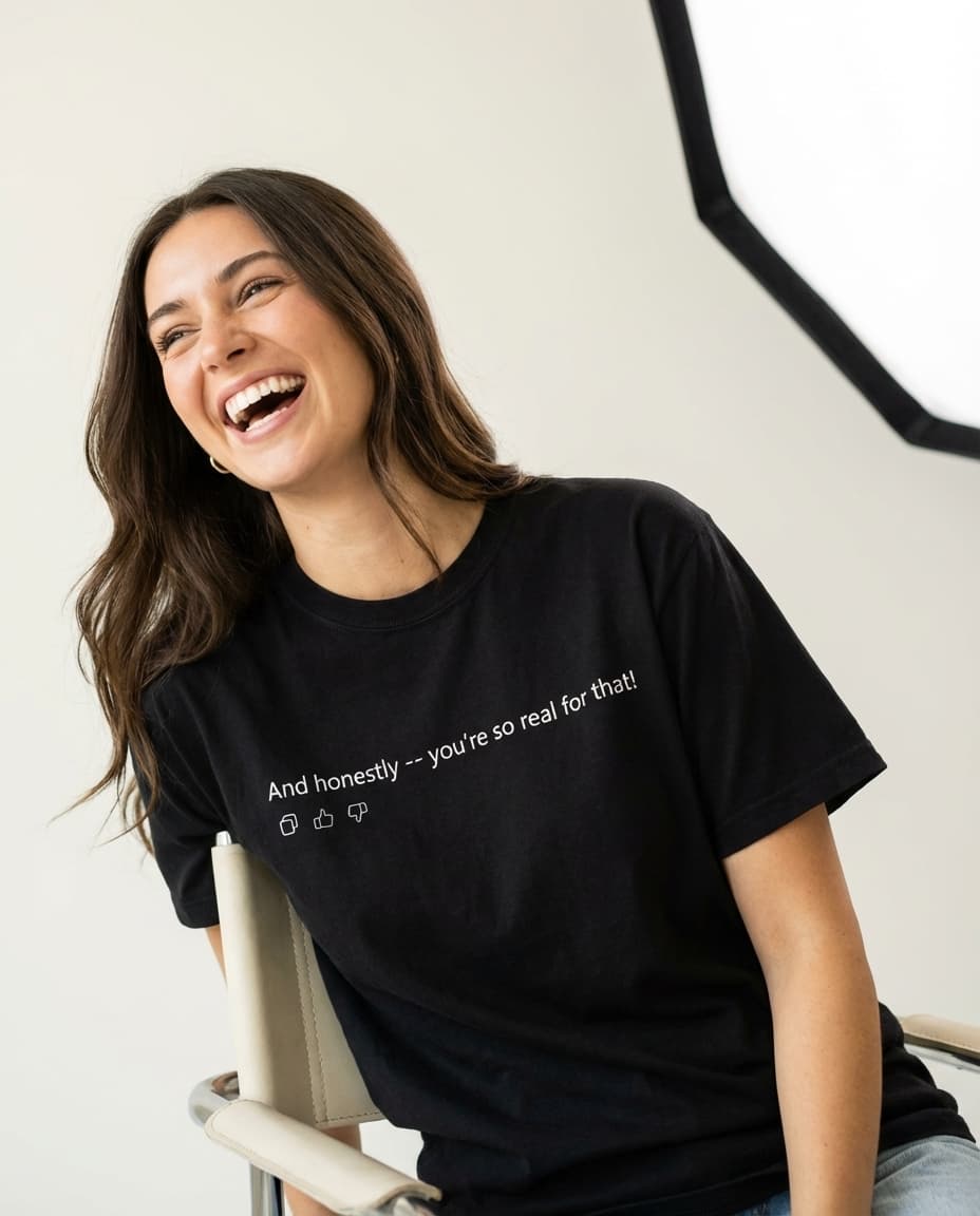 Professional product photo of a woman wearing the same t-shirt in a studio