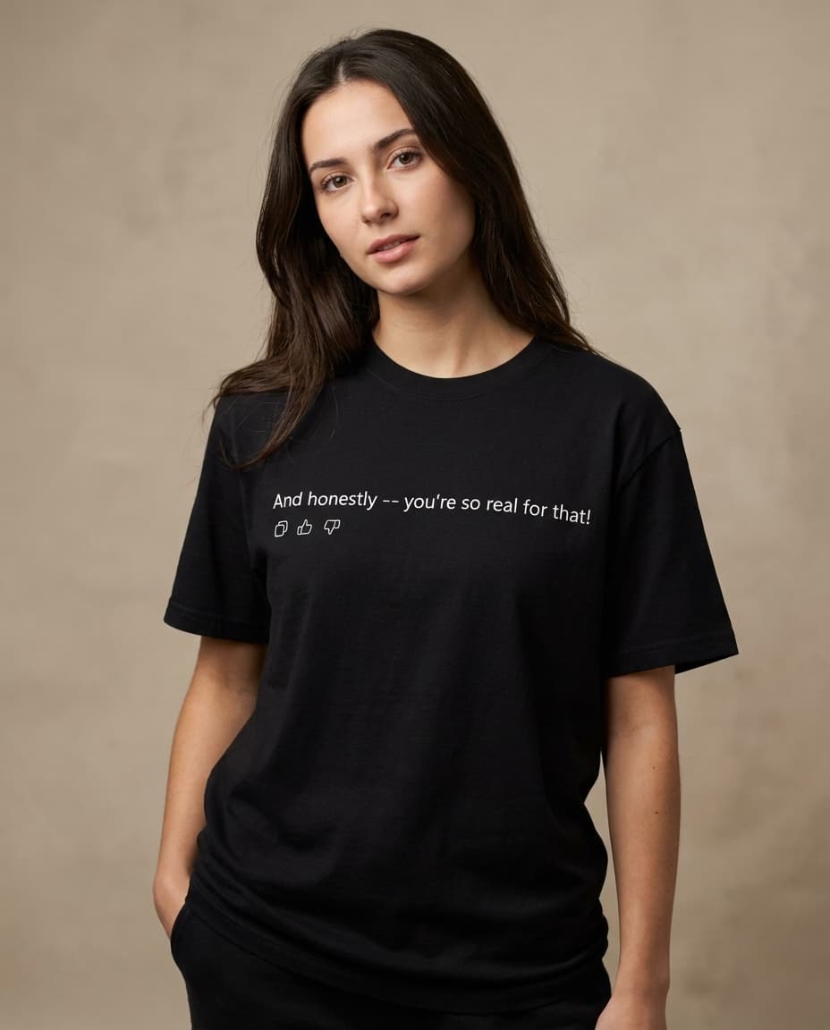 Product photo of a woman modeling a black graphic t-shirt against a warm neutral backdrop