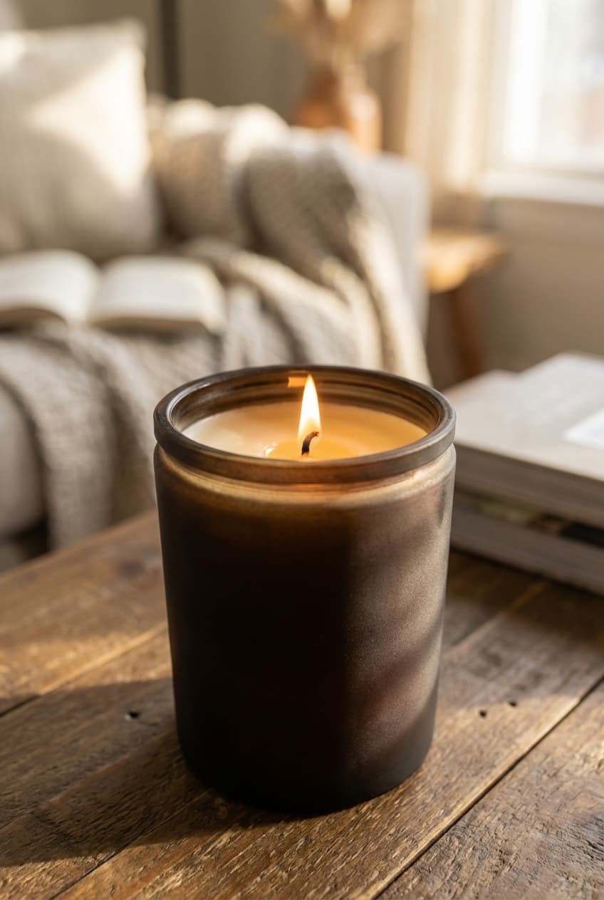 Product photo of a soy candle in an amber jar on a wooden table in a cozy living room