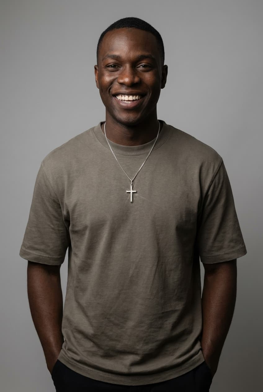 The same necklace worn by a model in a studio portrait