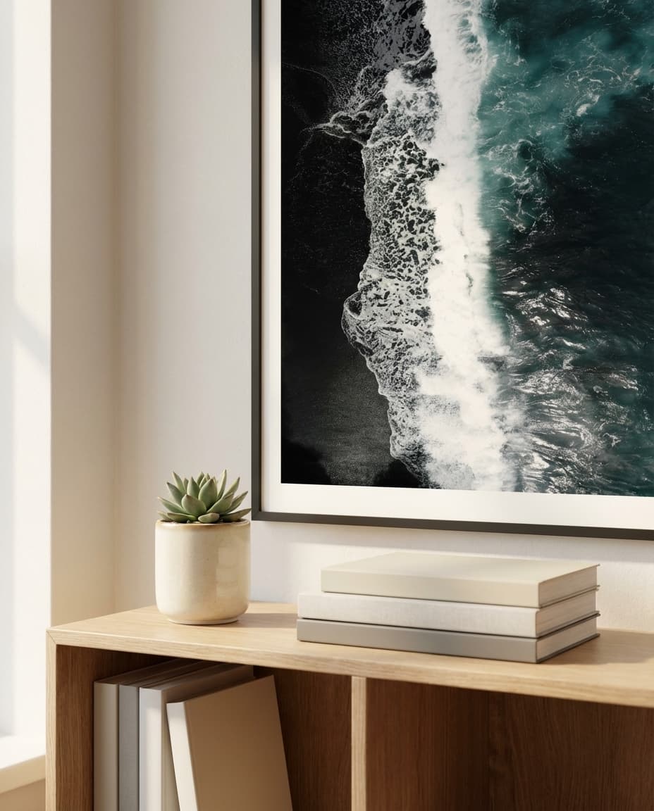 The same photo framed and styled on a wooden shelf with a succulent and books